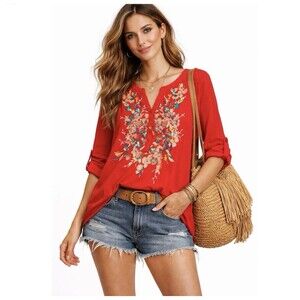 Solitaire Red Floral Embroidered Boho Tunic Top Size L Rayon Roll Tab Sleeve